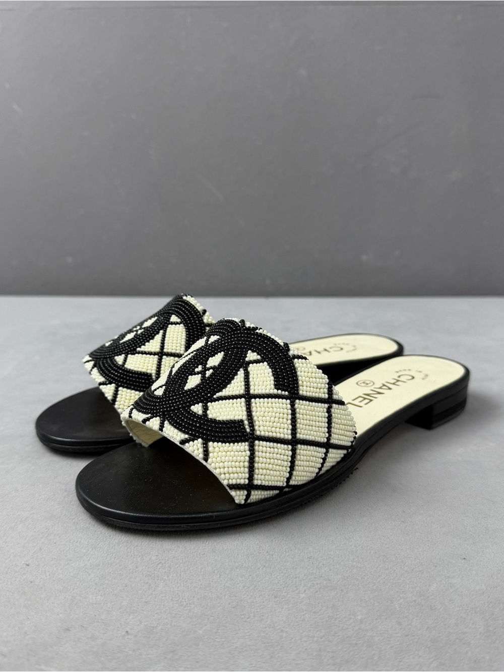 CHANEL Black & Cream Beaded Slide Mules